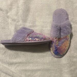 Lavender Sequin Fur Slippers